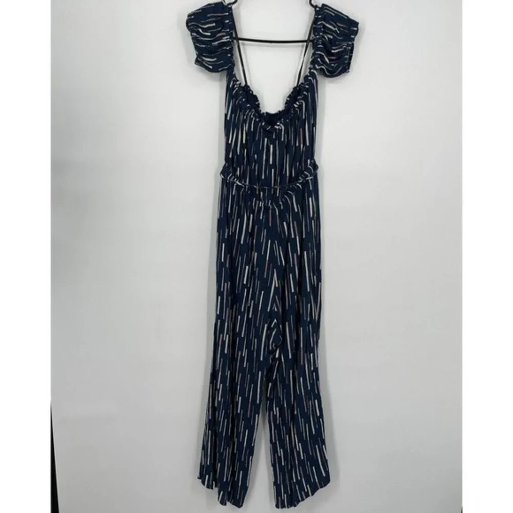 Lulus Navy Stripe Off Shoulder Cropped‎ Jumpsuit Belted Wide Leg Size Medium